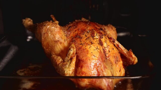 Poulet r&ocirc;ti dor&eacute; sortant du four, fumant et croustillant.