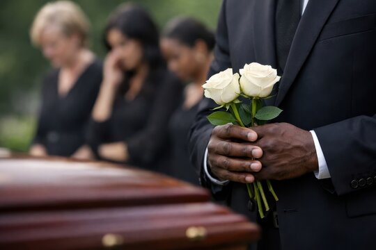African American man holding white roses at funeral service near wooden coffin with grieving people in background.