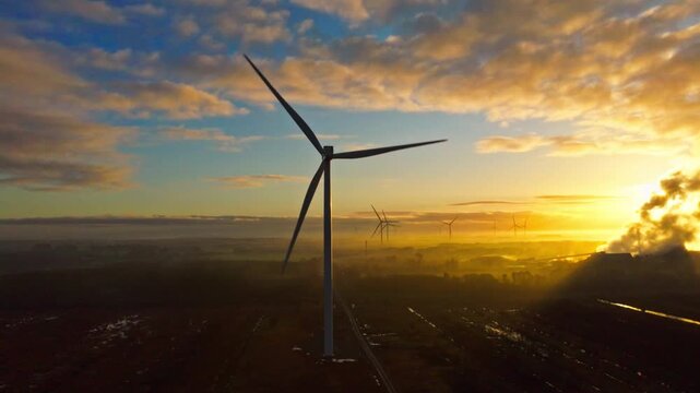Slow cinematic aerial of wind turbines rotating in warm sunrise light, creating a peaceful renewable energy landscape.
