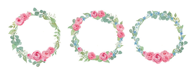 Watercolor Pink Rose and Blue Star Wreath Set: Elegant Floral Frame with Baby's Breath for Wedding and Greeting Cards-300dpi-