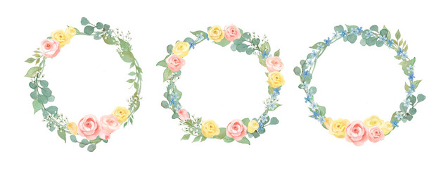 Watercolor Baby Pink Rose and Blue Star Wreath Set: Elegant Floral Frame with Baby's Breath for Wedding and Greeting Cards-300dpi-