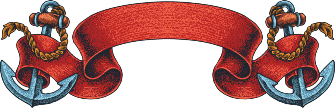 Vintage Pirate Anchor and Red Ribbon Banner Vector Illustration