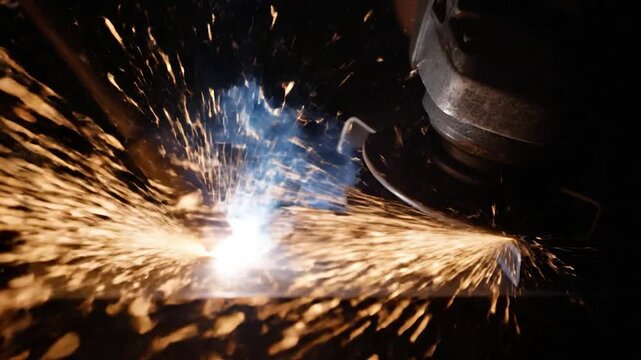Sparks fly as a grinder cuts metal, illuminating the dark scene with fiery light