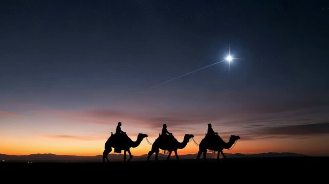 Silhouette of three wise men riding camels under a starry sky with a bright star guiding 