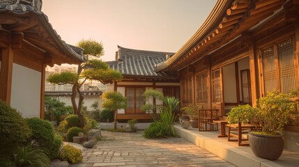 Fototapeta premium Tranquil Traditional Asian Courtyard with Elegant Architecture and Lush Greenery at Sunset in a Serene Urban Setting