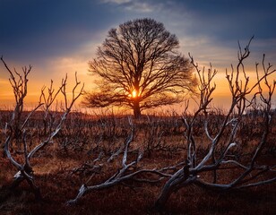 Obraz premium glowing tree stands alone in field of dead branches symbolizing hope and resilience against serene twilight backdrop