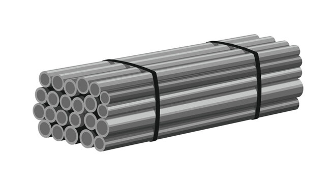 Stack of numerous gray metal pipes of various diameters bundled and secured together with black straps.