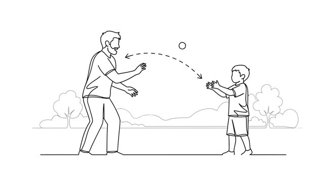 Father and son playing catch with a ball in a serene outdoor setting.