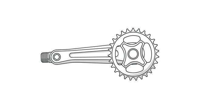 Single black and white line art illustration of a bicycle crank arm attached to a round chainring.