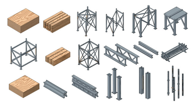 A collection of various construction elements including wooden panels, metal frames, beams, and columns.