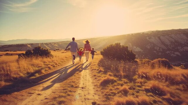 Happy family of four running together along scenic countryside path at sunset