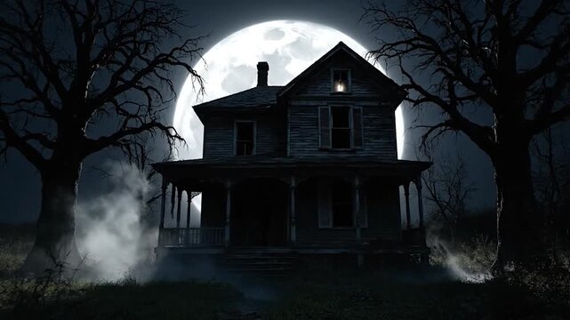 Spooky, gothic house silhouetted under a full moon, framed by bare trees, with fog