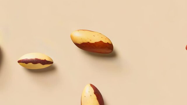 Brazil nuts with green leaves on neutral background, healthy organic snack pattern flat lay