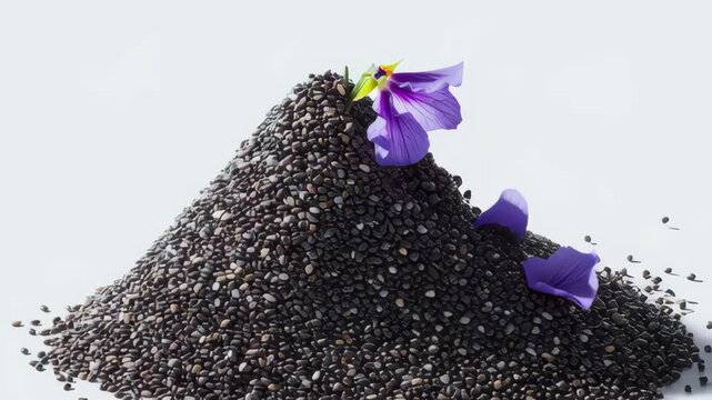 Black chia seeds pile with purple flower on top, superfood nutrition and healthy eating concept