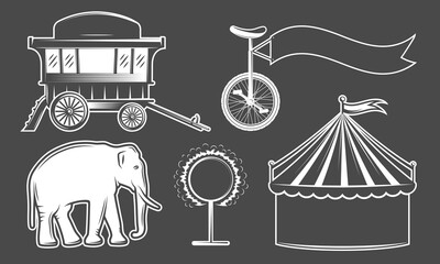 Circus icon set includes striped tent, elephant, circus wagon, fire hoop and unicycle isolated on black background. Great for carnival or vintage festival design. Vector illustration © MegaShabanov