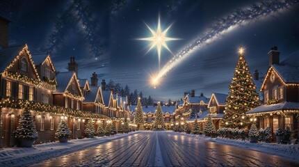 Naklejka premium The first radiant Christmas star glows brilliantly in the velvet expanse of a deep midnight sky, shimmering like a divine beacon above a luxurious Christmas town below