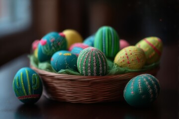 Fototapeta premium Colorful decorated Easter eggs in woven basket on wooden table with green grass