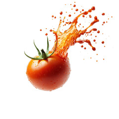 Fresh tomato with splash and drops isolated on transparent background