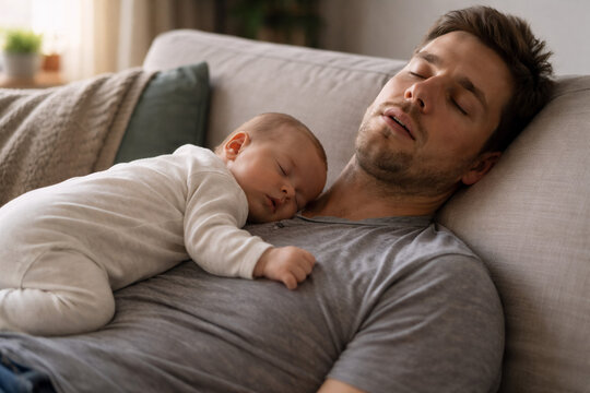Father sleeping on couch with baby on chest
