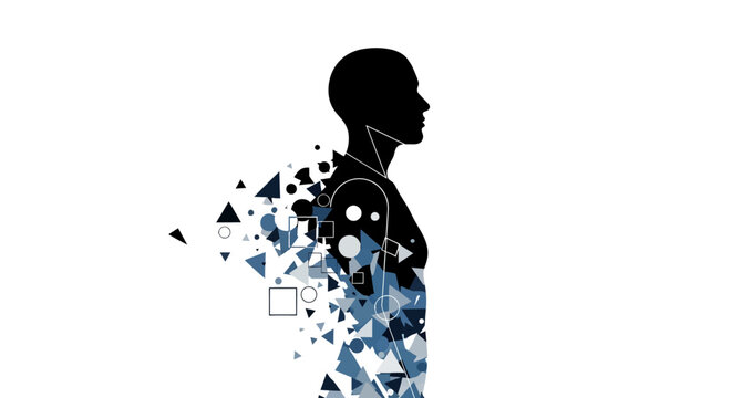 Human Silhouette Dissolving into Geometric Shapes Symbolizing Mental Health Fragmentation or Digital Transformation