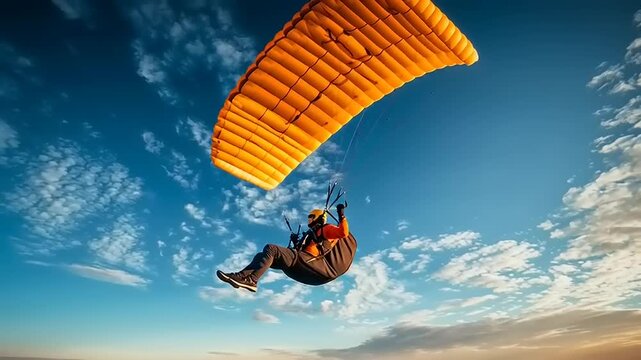 Paragliding Adventure with Orange Parachute in Blue Sky.