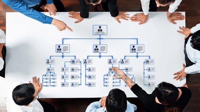 A group of diverse professionals engages in a strategic planning session, focusing on an organizational chart visualized on a conference table. Collaboration and leadership shine. Raster
