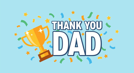 Father's Day thank you card with golden trophy and confetti.
