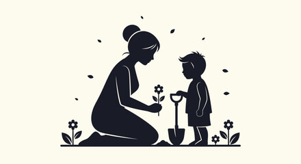 Mother and child planting flowers together.