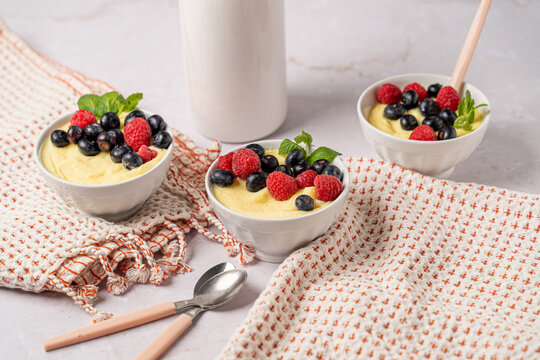Vanilla custard with fresh fruit. Homemade dessert