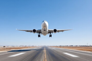 Obraz premium Passenger airplane landing on clear day at busy airport runway