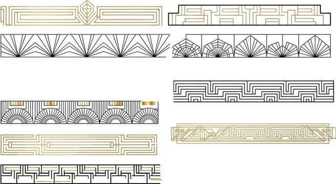 Art deco inspired borders and ornamental geometric patterns in gold and black