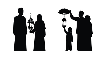 Silhouette illustrations of Muslim families celebrating Ramadan or Eid with lanterns © pixostudio