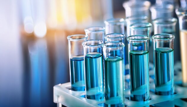 close up view of laboratory test tubes with liquid solutions