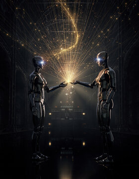 Zwei Humanoide z&uuml;nden KI-Synergie in futuristischer Industriehalle