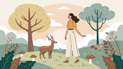 Fototapeta premium Woman walking in autumn forest with deer, peaceful nature scene with trees and mushrooms, illustration