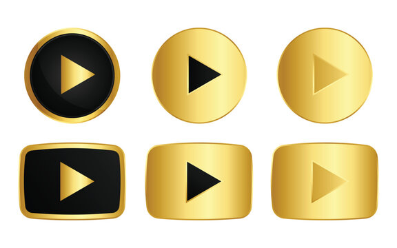 Gold and black play buttons on glossy 3D spheres and square for media video