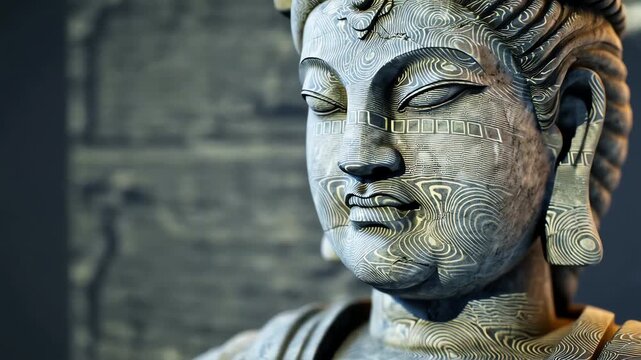 Close-up of a stone Buddha statue face featuring complex swirling circular patterns and textures on its surface
