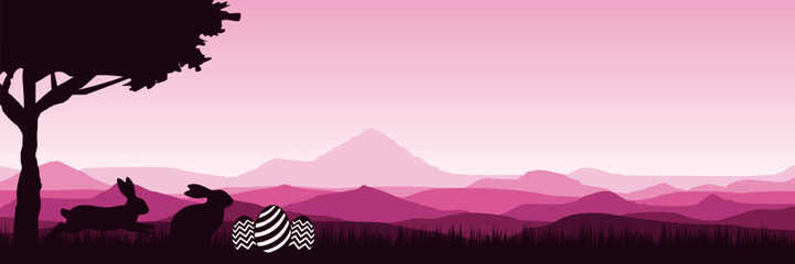 Naklejka premium Panoramic Easter background with rabbit silhouettes and pink mountain landscape