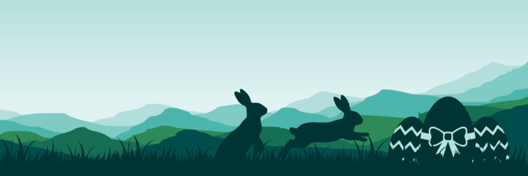 Wide screen spring banner featuring bunnies and easter eggs in teal nature