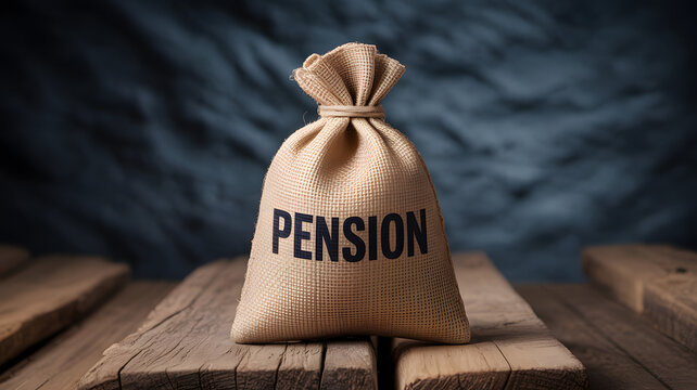 A burlap sack labeled pension sits on wooden planks against a dark background symbolizing retirement savings and financial security