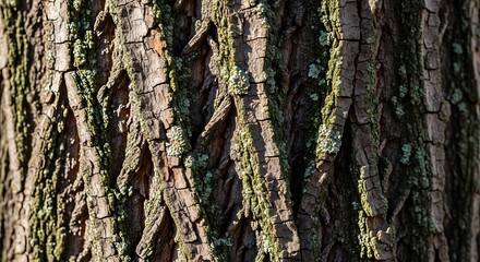 Obraz premium Close-up of rough, deeply furrowed brown tree bark with patches of vibrant green moss and lichen, creating a natural organic texture background.