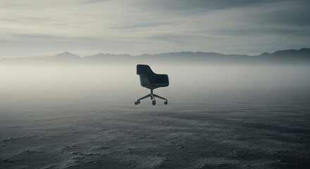 Naklejka premium Minimalist Office Chair Floating in Vast Foggy Desert