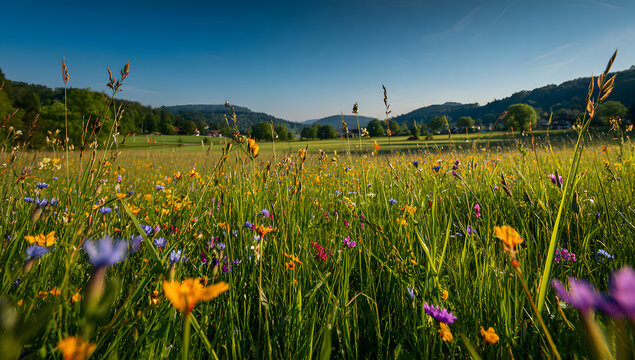 Springtime meadow scene in Zollikon, Zurich featuring vibrant greenery and wildflowers, ideal for environmental education or outdoor activities, Earth Day