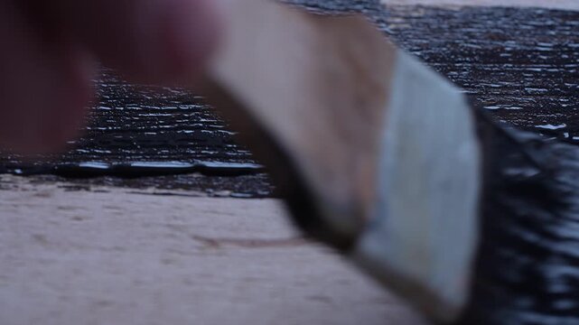 Painting wooden board with brown paint using brush close-up. Wood surface painting with oil paint, renovation conce