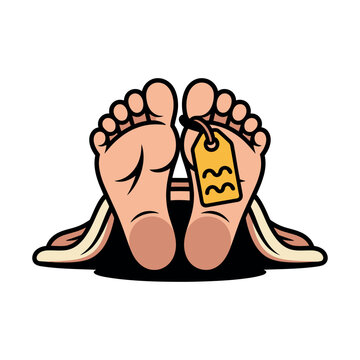 Feet of deceased person marked with a toe tag beneath a sheet edge.