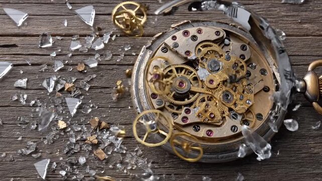 A pocket watch explodes mid-air into fragments. Mechanical gears and Roman numerals are visible