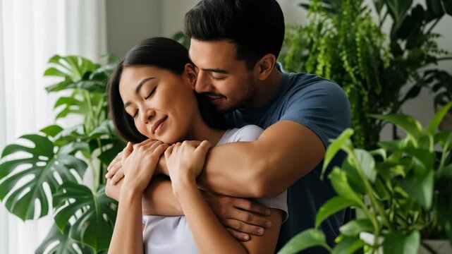 Romantic young multiethnic couple embracing and sharing an intimate moment at home surrounded by lush green houseplants