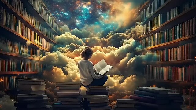 Person Reading Book in Surreal Library.