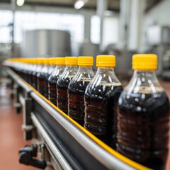Plastic bottles with yellow caps on a conveyor belt in beverage factory production line