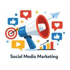 Social media marketing with megaphone and engagement icons